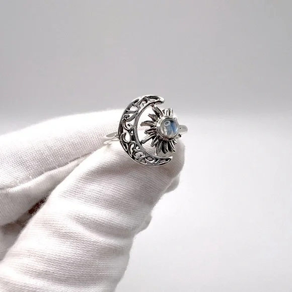 Genuine Rainbow Moonstone .825 Sterling Silver Filigree Crescent Moon & Sun Ring - Picture 12 of 17